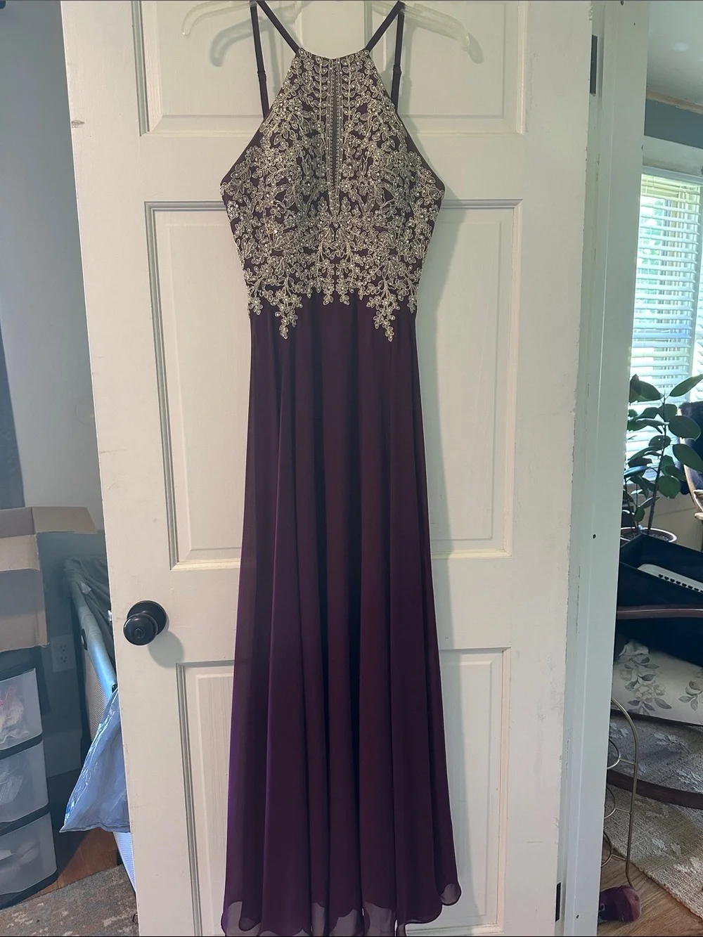 David's Bridal Plum Gown with Gold Embellishment